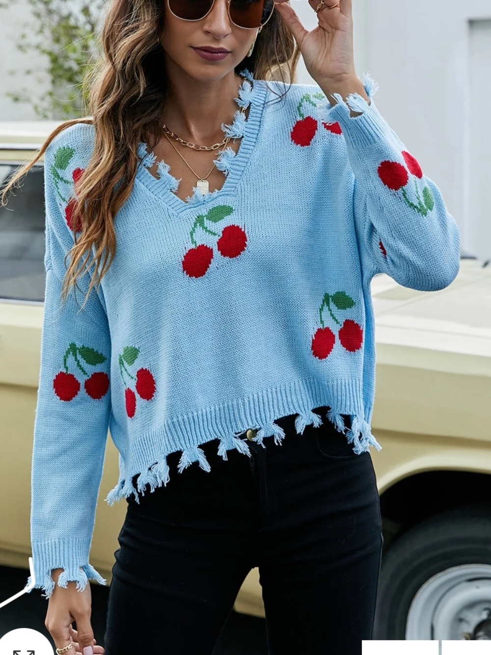 SELF STEEM Light Blue Swater
Cherry Print V Neck raw-edge fringe trim Size M